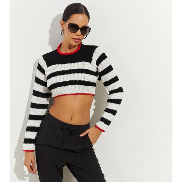 NWT Zara Navy/White Stripe Crop Open Back Tie Waist Knit Sweater Size Large - Picture 5 of 6